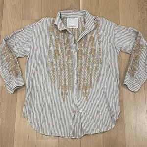 Johnny Was Gray Striped Shirt with Gold Embroidery
